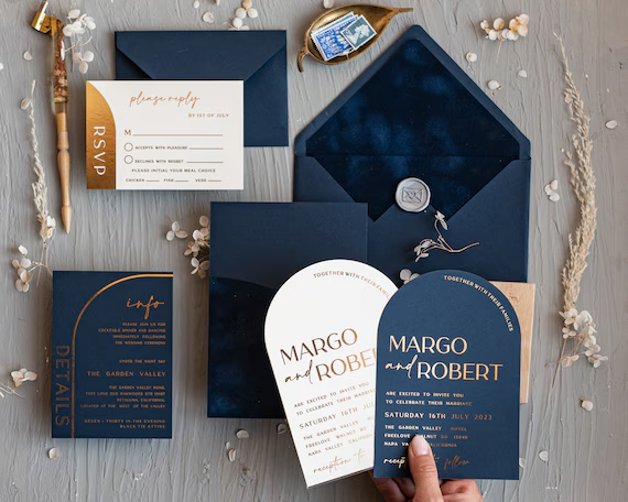 Wedding invitation design reflecting the wedding theme.